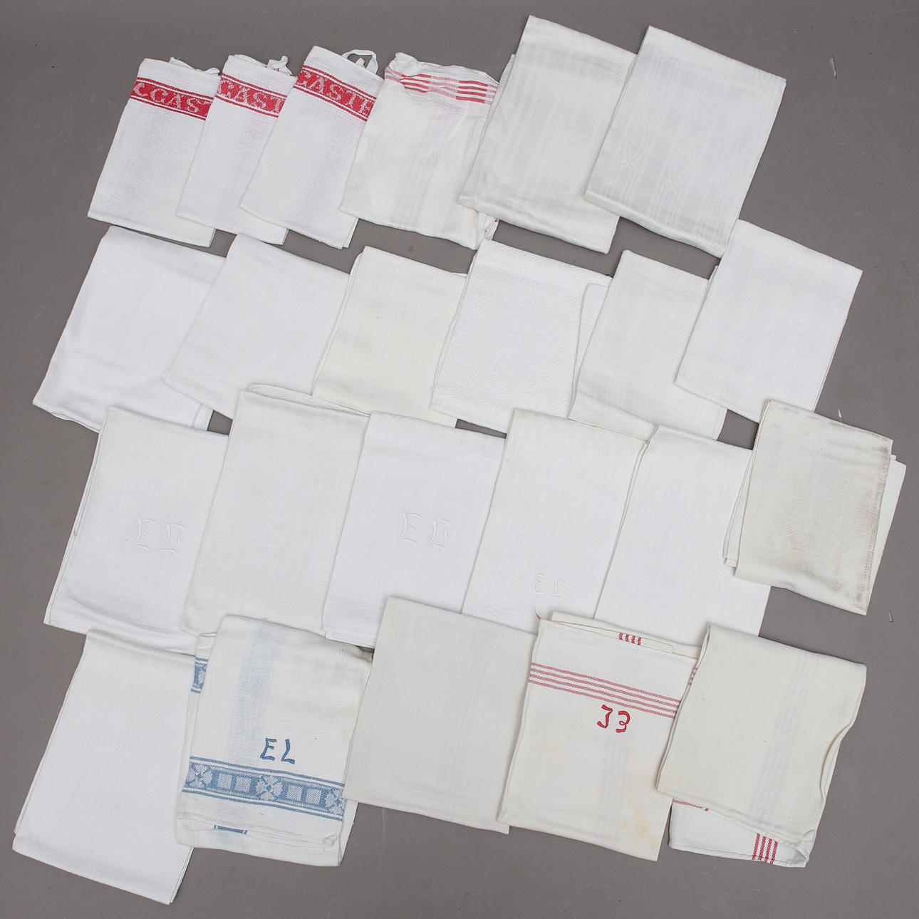 TOWELS, 23 pcs, partly monogram signed.