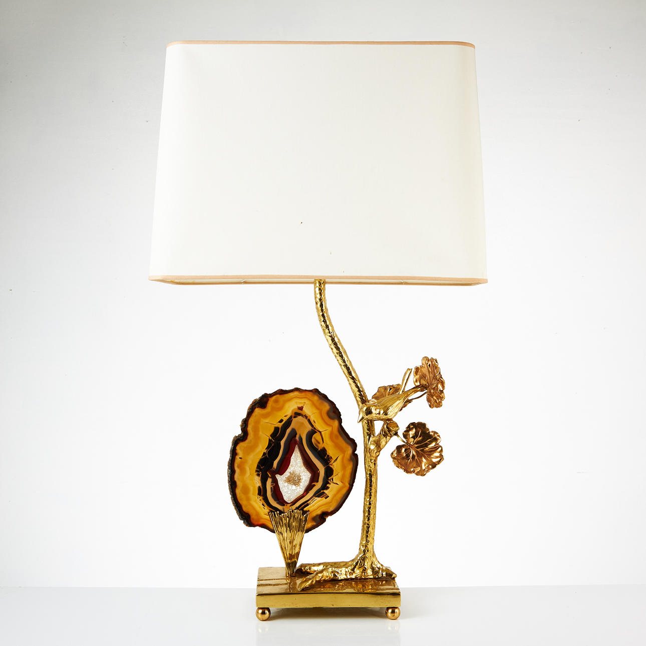 TABLE LAMP, brass, foot with agate stone and bird. signed.