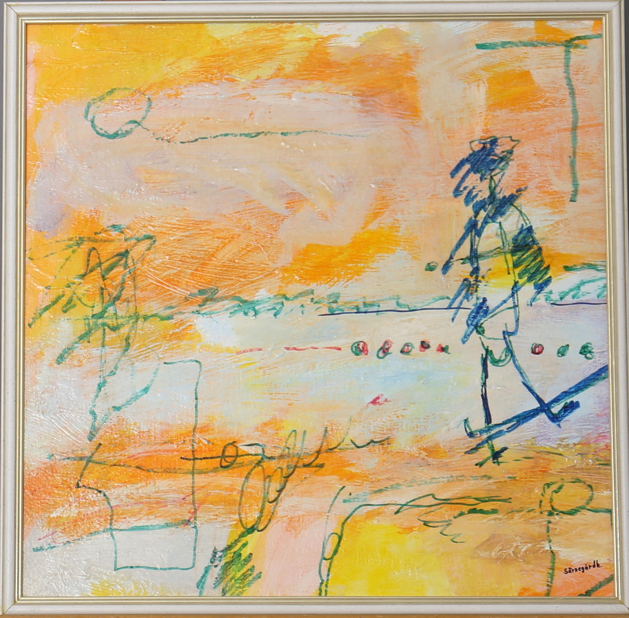 ULF SÄRNEGÅRDH. "Vandringsmannens återkomst". Akryl på pannå. Signerad Särnegårdh.