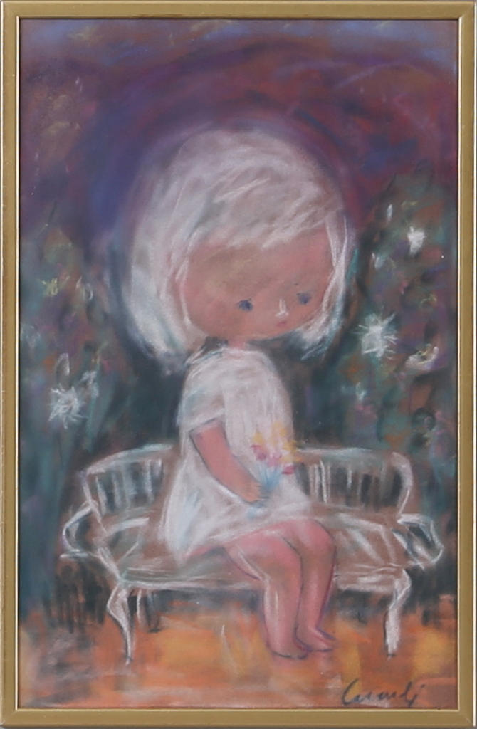 KURT CARENDI. Flickan på bänken, pastell, signerad Carendi.