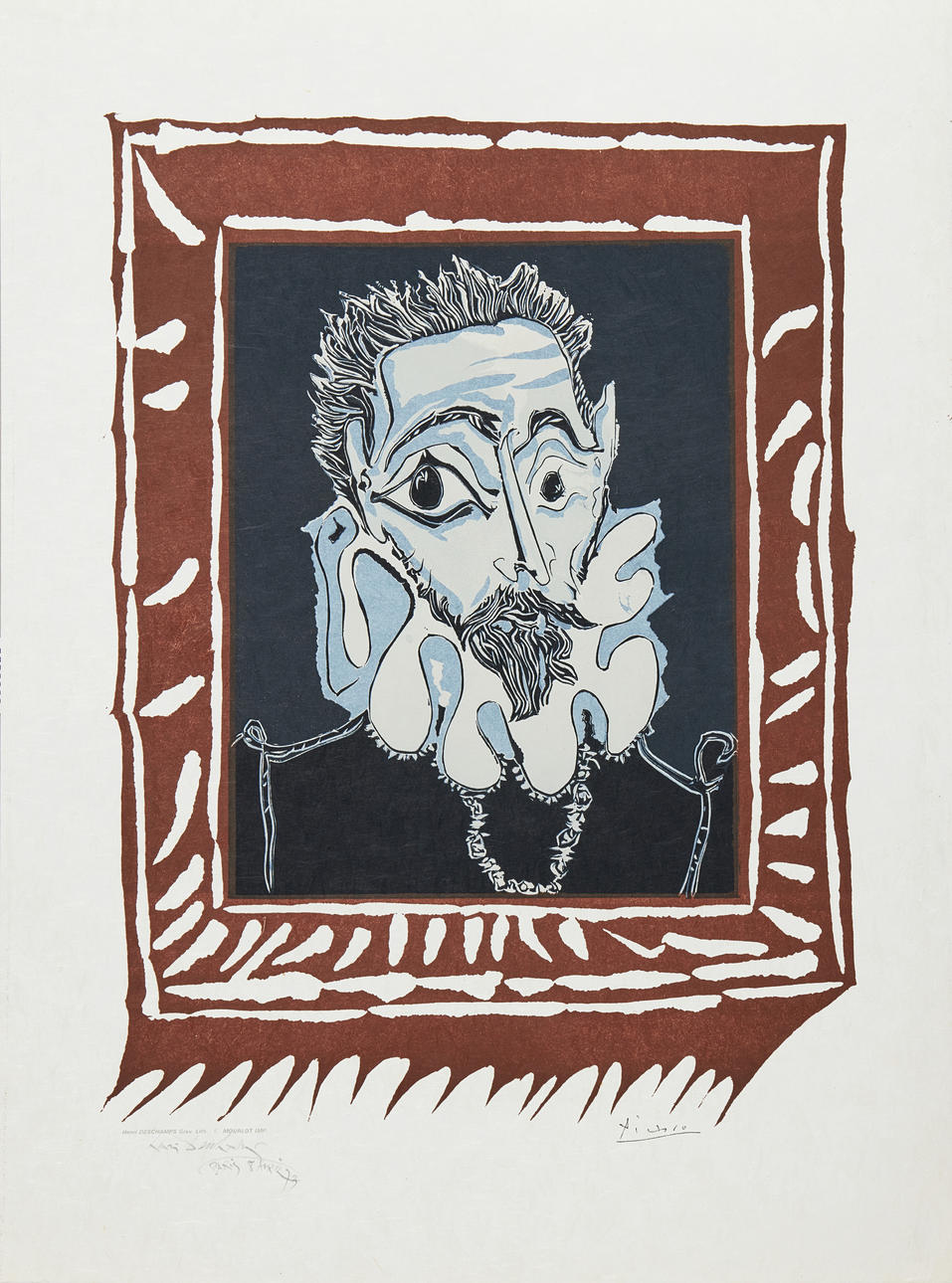 PABLO PICASSO. After. Man with collar ("Man with Ruff"), signed in the print, signed by Henri DESCHAMPS Grave. Lith. MOURLOT IMP, color lithograph, dated April 8, 1973.