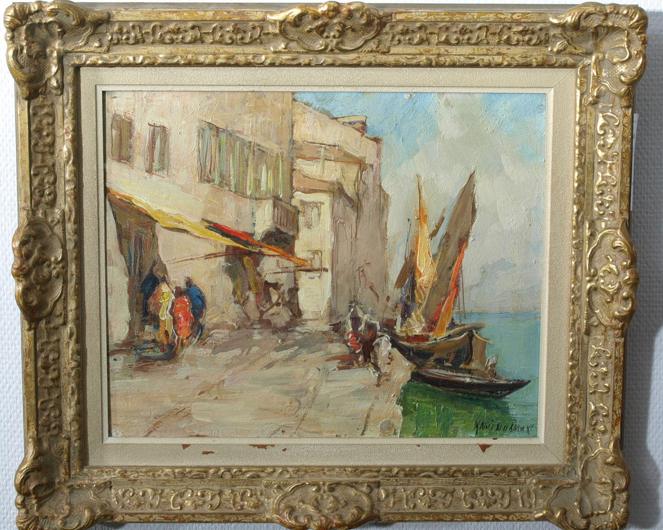 KNUT NORMAN. Olja på pannå, Båtar vid kaj, signerad.