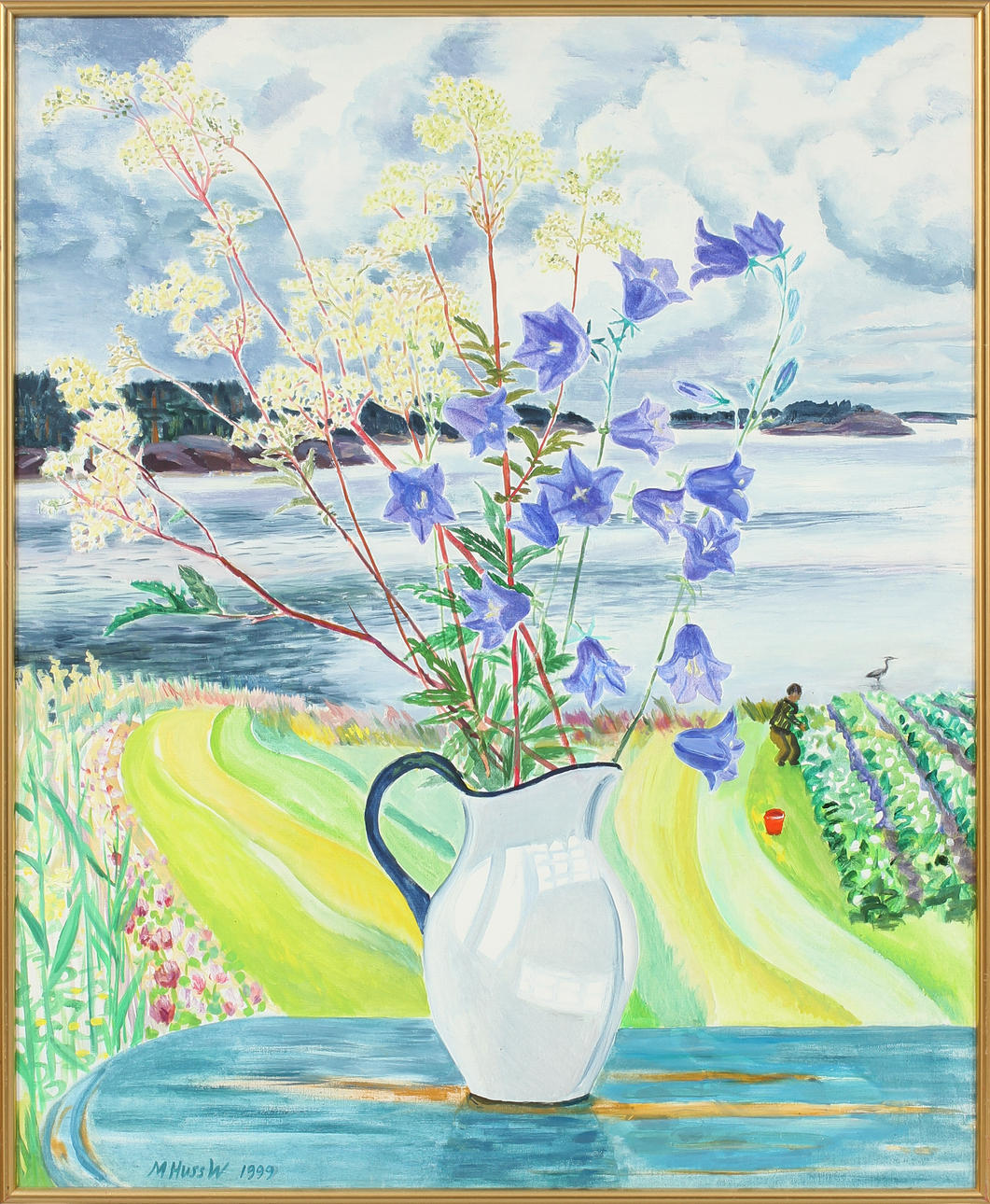 MONA HUSS WALIN. Ängsblommor i kanna. Olja på duk. Signerad och daterad 1999.