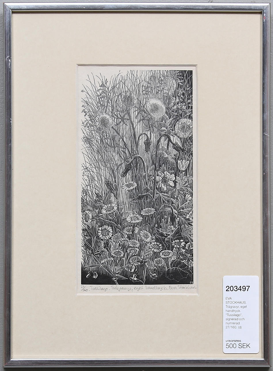 EVA STOCKHAUS. Trägravyr, eget handtryck. "Tussilago", signerad och numrerad 27/160.