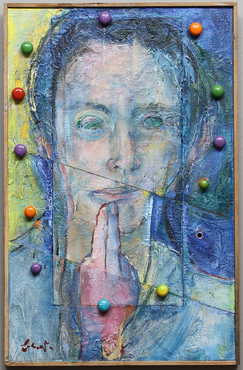 BENGT ERICSSON. "Förskjutning". Olja på pannå/collage, signerad.