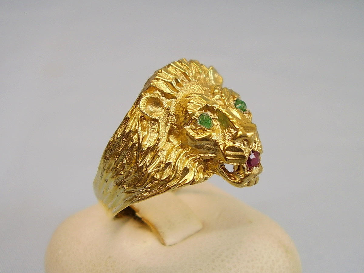 LÖWENKOPF-RING SMARAGDE + RUBIN Silber 935 & Gelbgold.