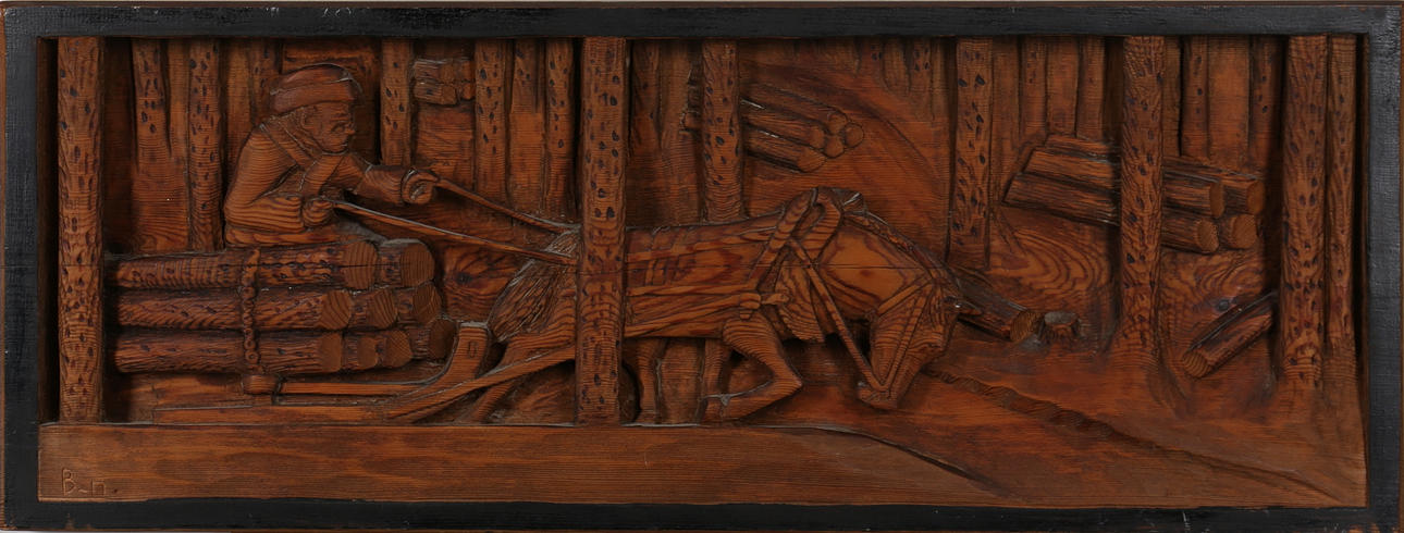 OKÄND KONSTNÄR. Trä. Snidad dekor. Timmerkörning. Signerad B. n.