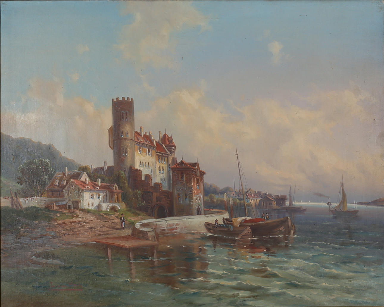 KARL KAUFMANN (1834-1902). Harbor with fortification. Oil on canvas, signed L. van Howe.