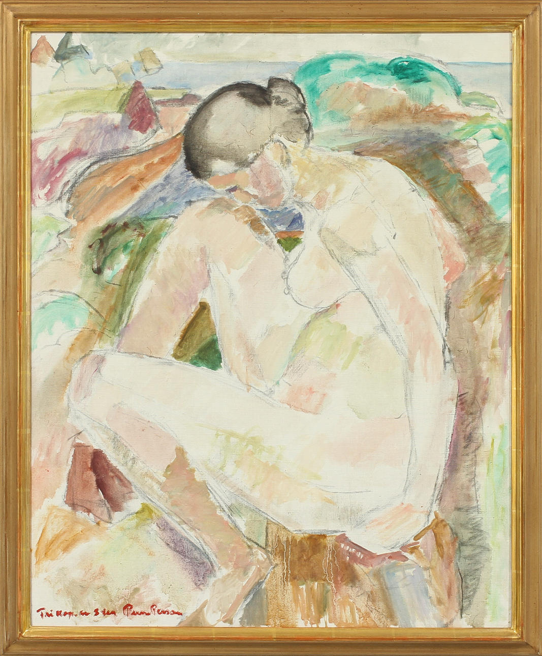 RUNE PERSON. Kvinnomotiv, olja på pannå, signerad med dedikation.