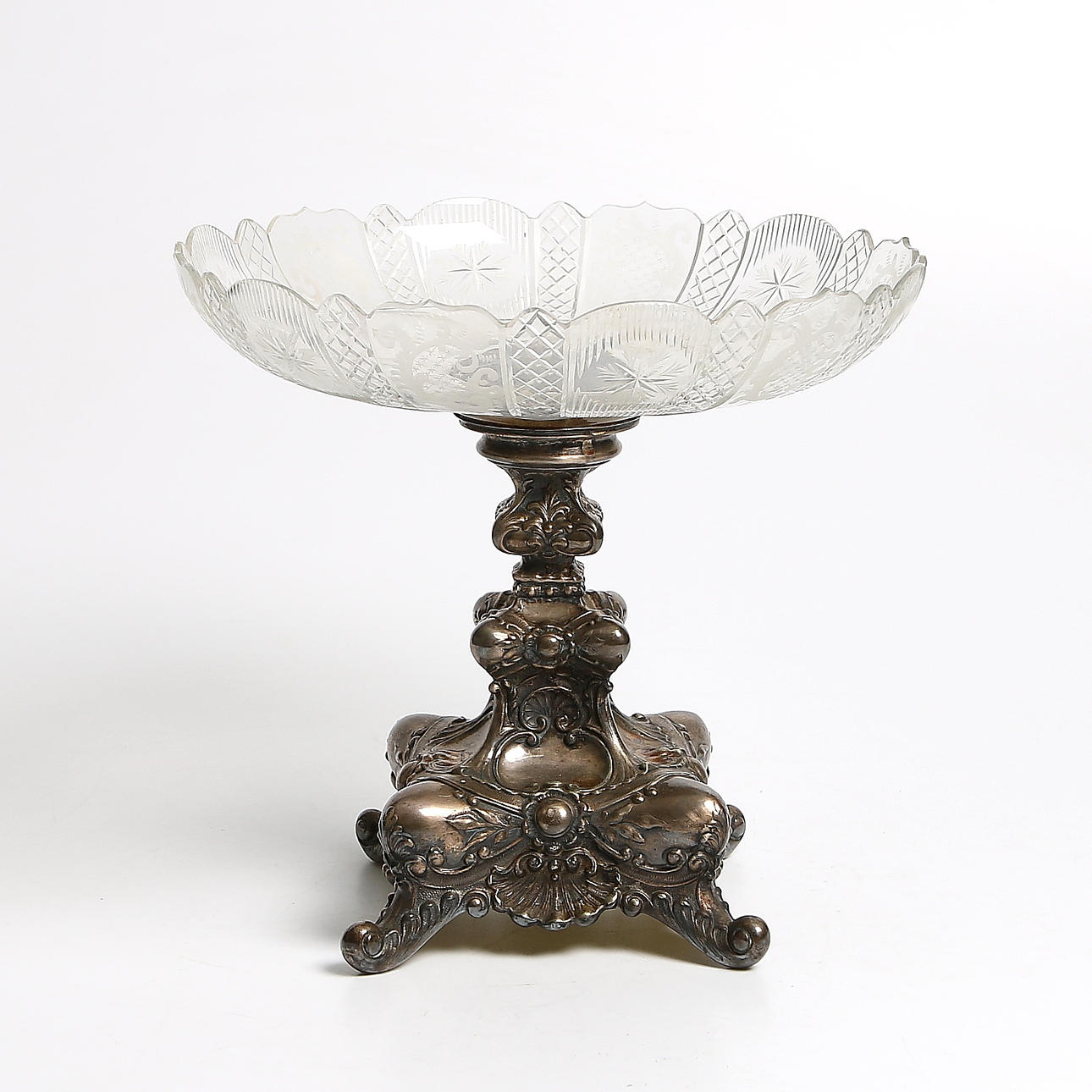 BORDSUPPSATS / SKÅL, glas och nysilver, rokokostil, 1800-tal.