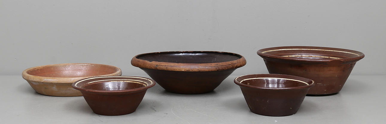 SKÅLAR, 5 st. lergods, 1800-1900-tal.
