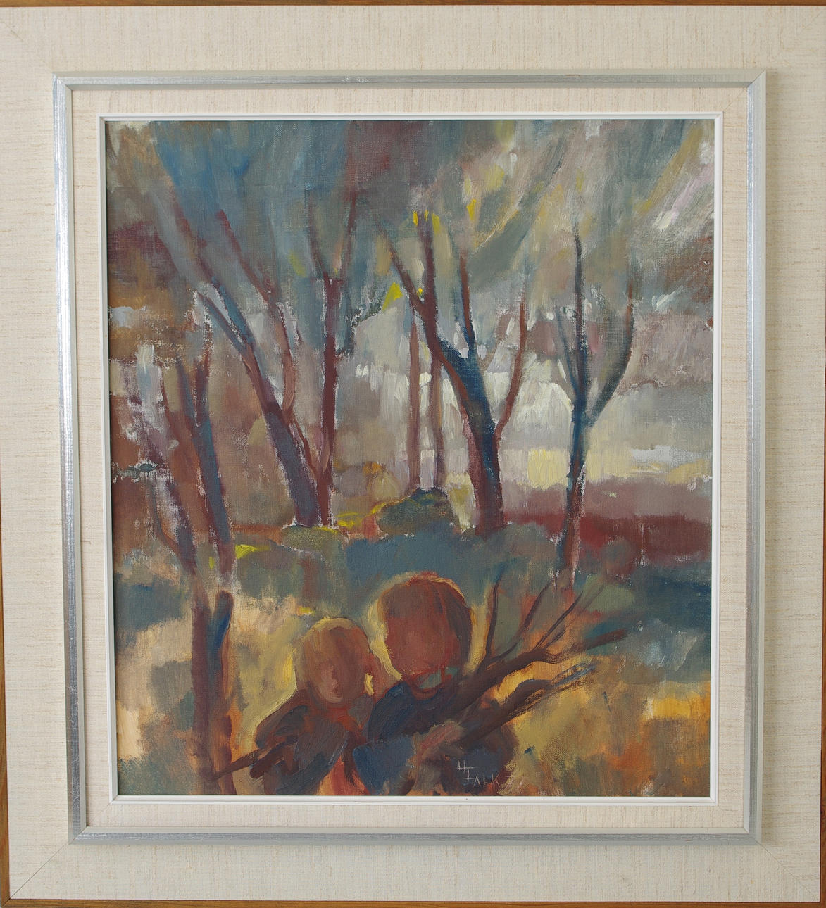 OIDENTIFIERAD KONSTNÄR. Barn i skogen, olja på duk, signerad H. Falk.