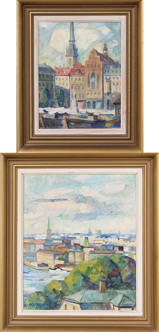 EMIL HELLBOM. OLJA på pannå, Sign, Stockholmsmotiv, 2 st.