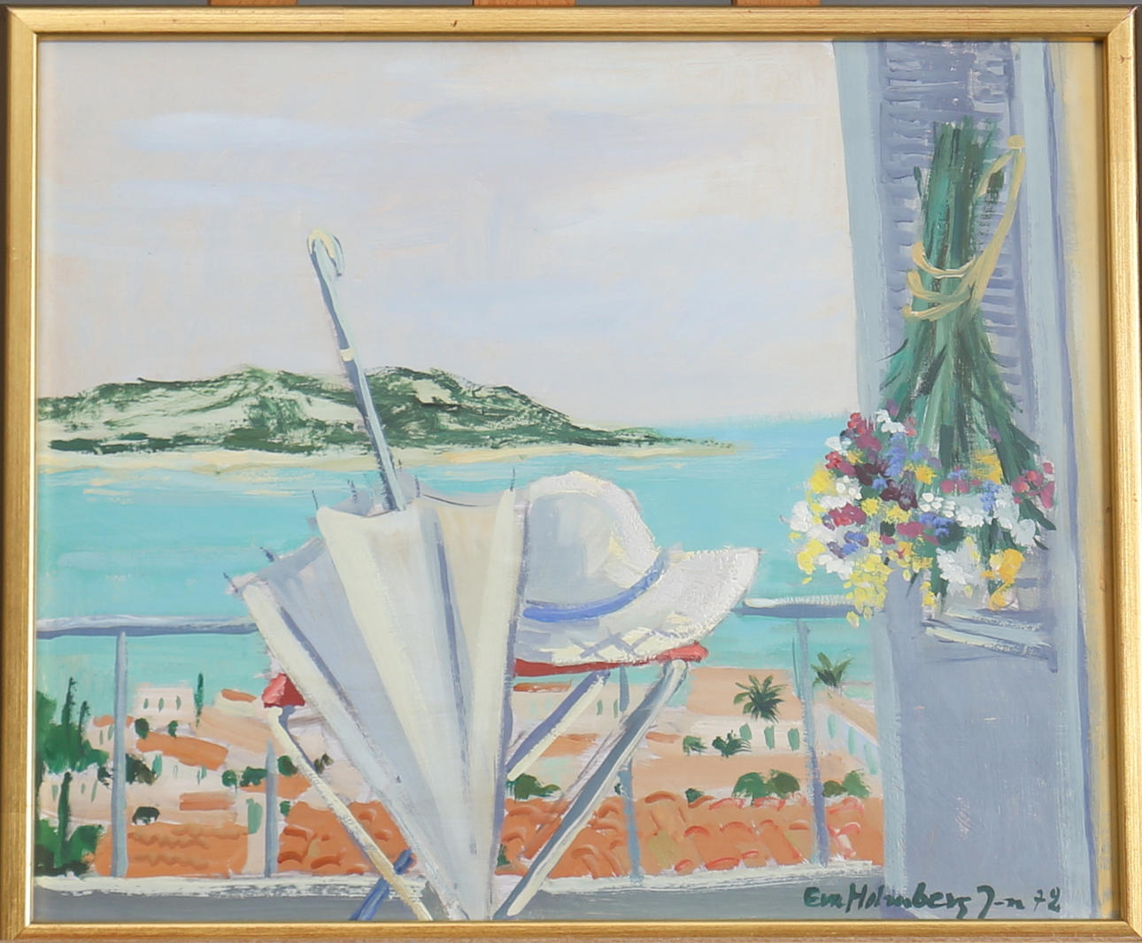 EVA HOLMBERG JACOBSSON. Blandteknik på pannå. Utsikt från balkongen. Signerad Eva Holmberg J-n. Daterad -72.