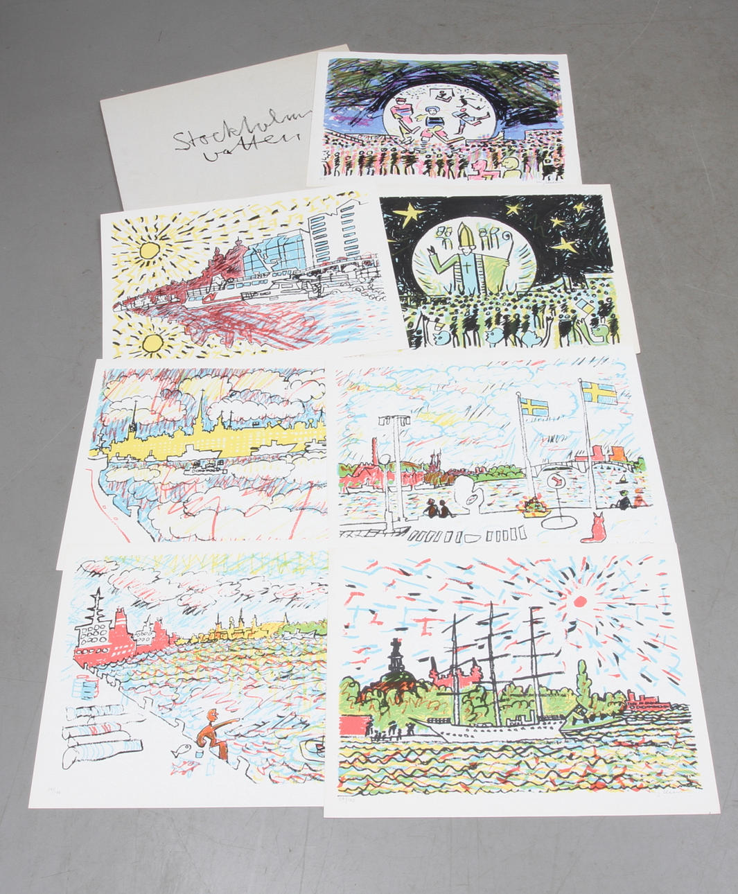 STIG CLAESSON (SLAS). "Stockholms vatten", mapp om 7 färglitografier, signerade, 5 st numrerade 59/100, en numrerad XVII/XX, samt ett provtryck.