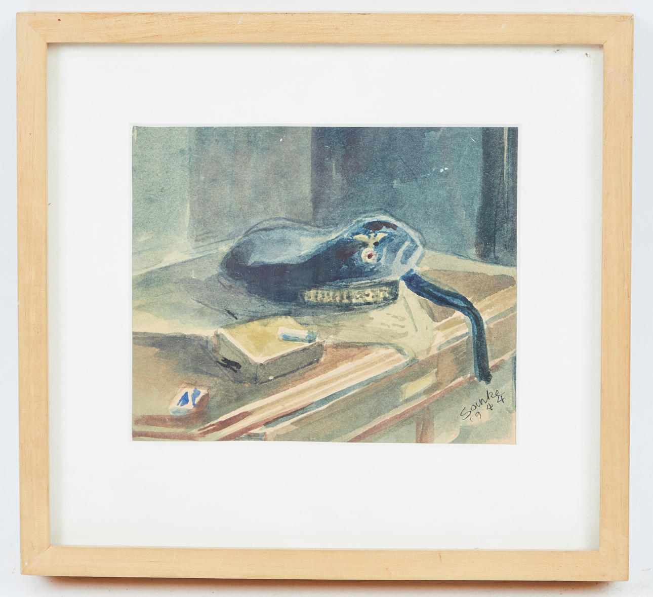 Artista desconocido, dibujo, bodegón con gorro militar, 1944.