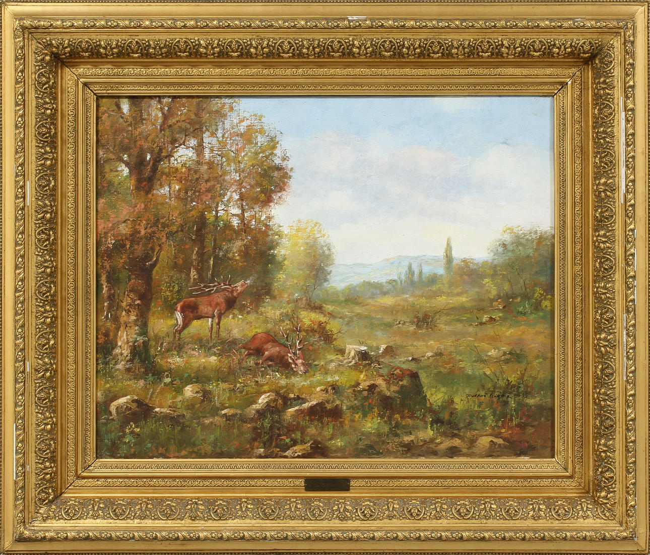 OIDENTIFIERAD KONSTNÄR, Landskap med hjortar, olja på duk, sign.