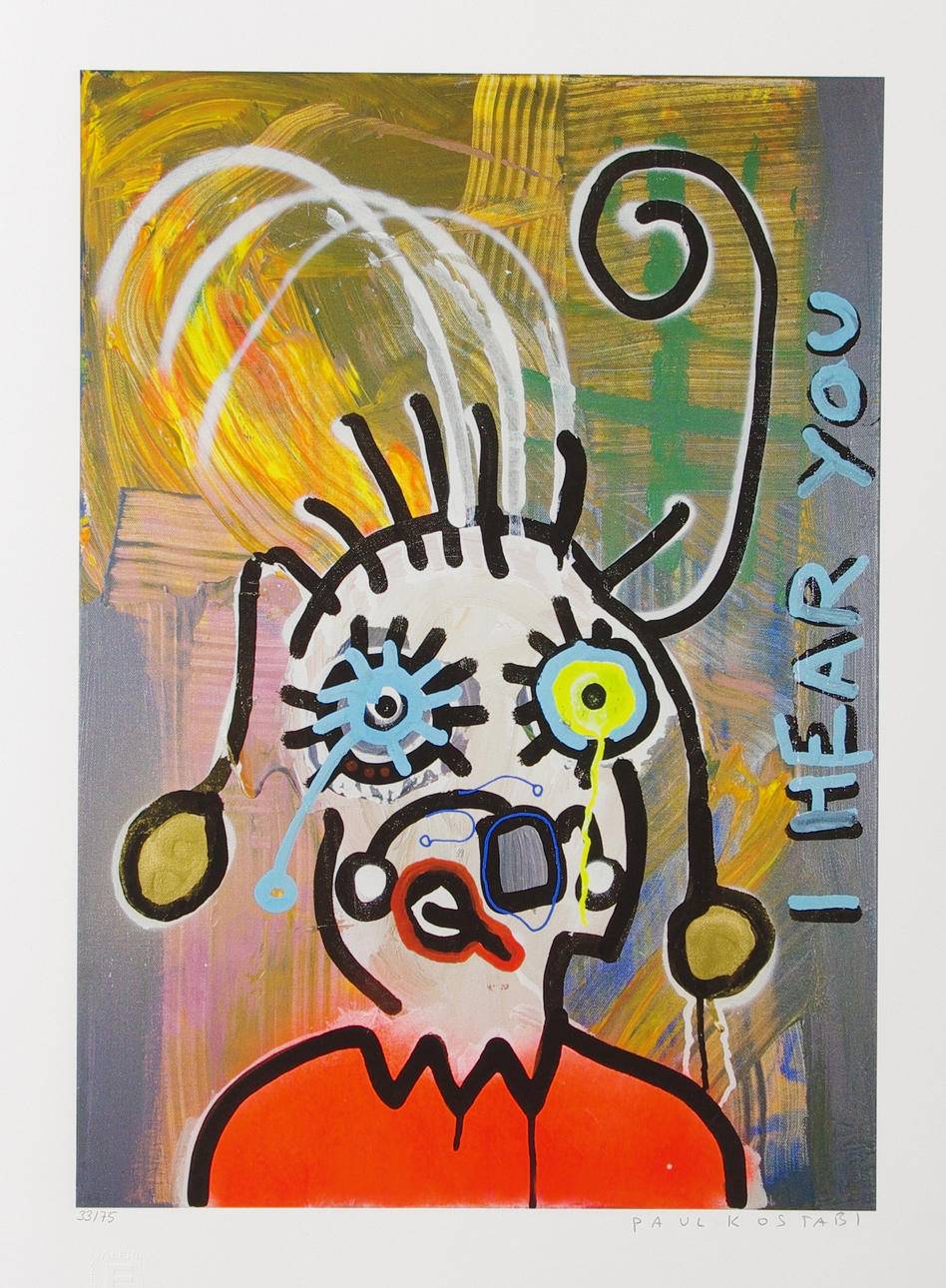 PAUL KOSTABI. "Mr. What", screentryck på bomullspapper.