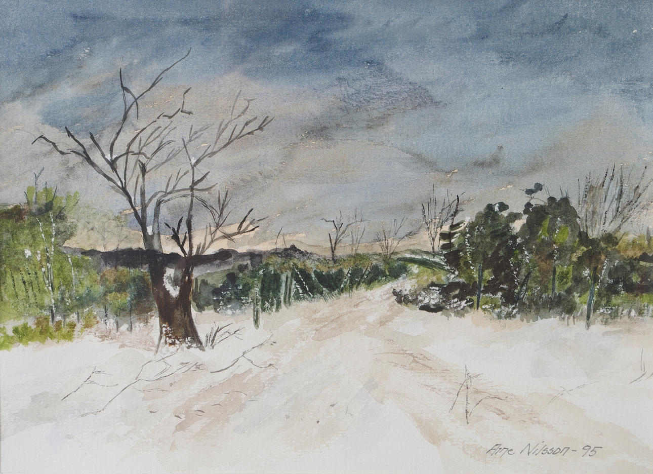 ARNE NILSSON. Vinterlandskap, akvarell, signerad -95.