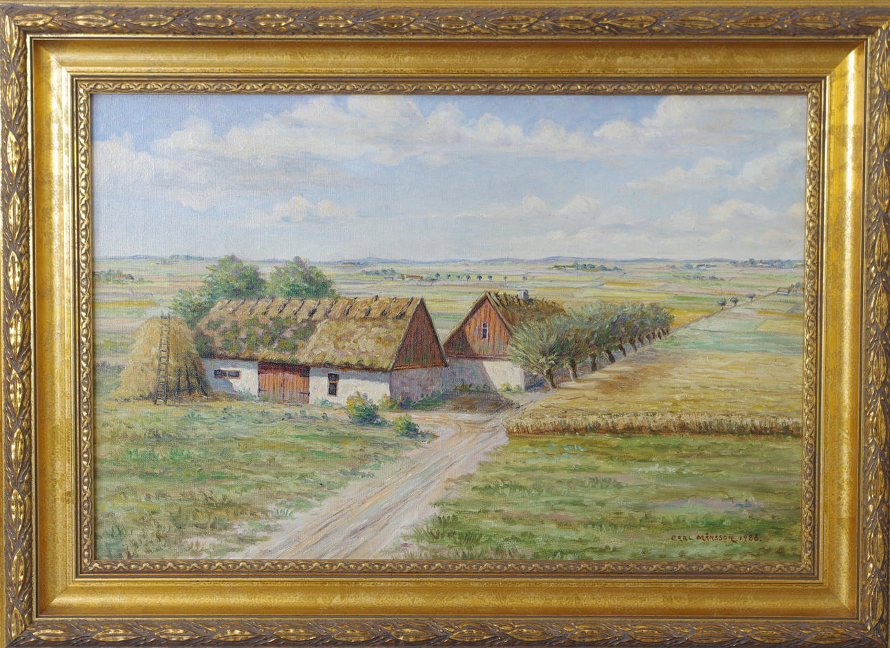 CARL MÅNSSON. Skånskt landskap med gård, olja på duk, signerad 1988.