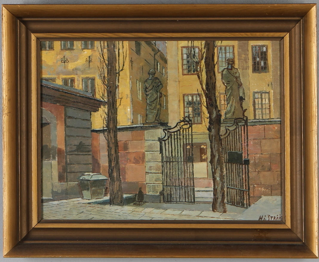 HJALMAR STRÅÅT. "Grind till Storkyrkan", olja på pannå, signerad.