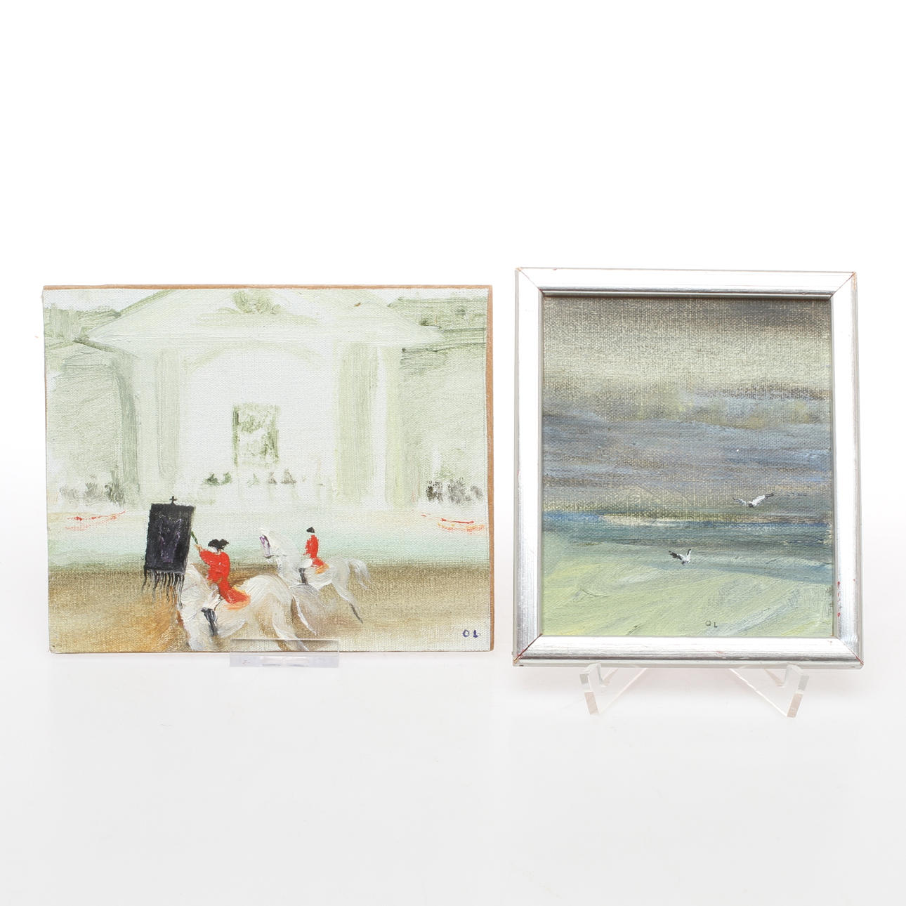 OLLE LINDGREN. 2 st, Spanska ridskolan samt sjöfåglar, olja på duk, monogramsignerade.