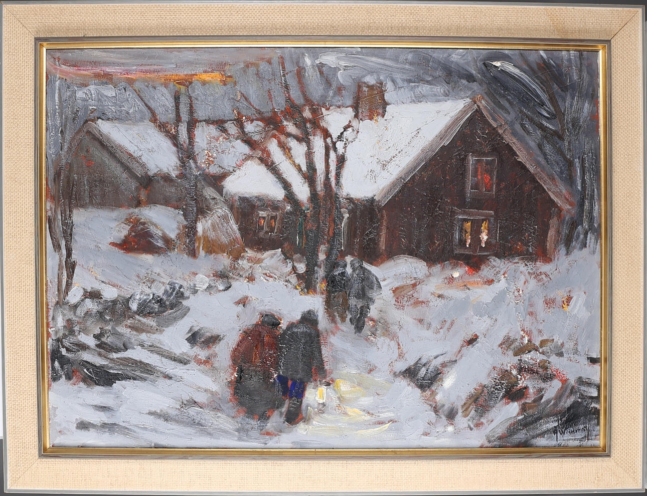 ÅKE WICKSTRÖM. Vinterlandskap med hus och figurer. Olja på duk, signerad.