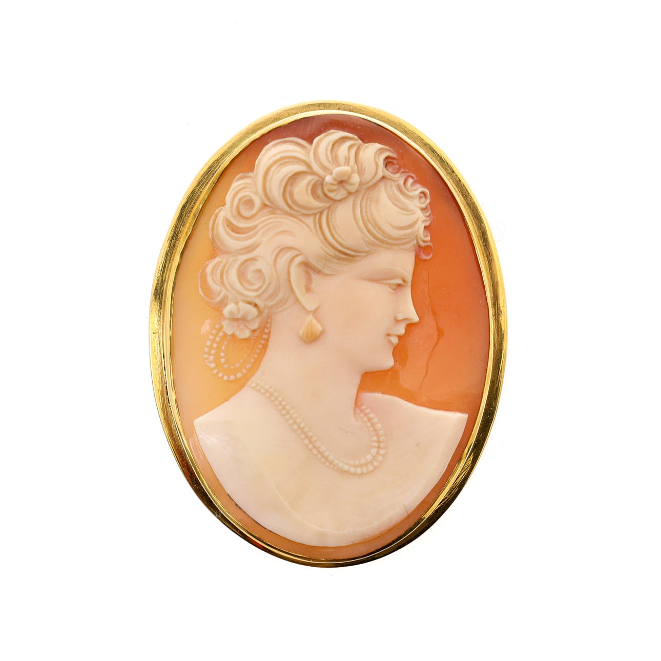 A 9CT GOLD MOUNTED OVAL SHELL CAMEO BROOCH.