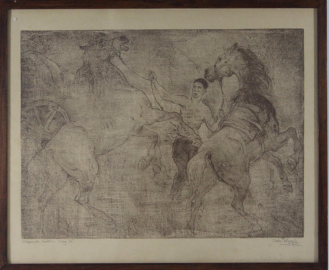 ACKE ÅSLUND. original litografi, stegrande hästar, daterad 1922.