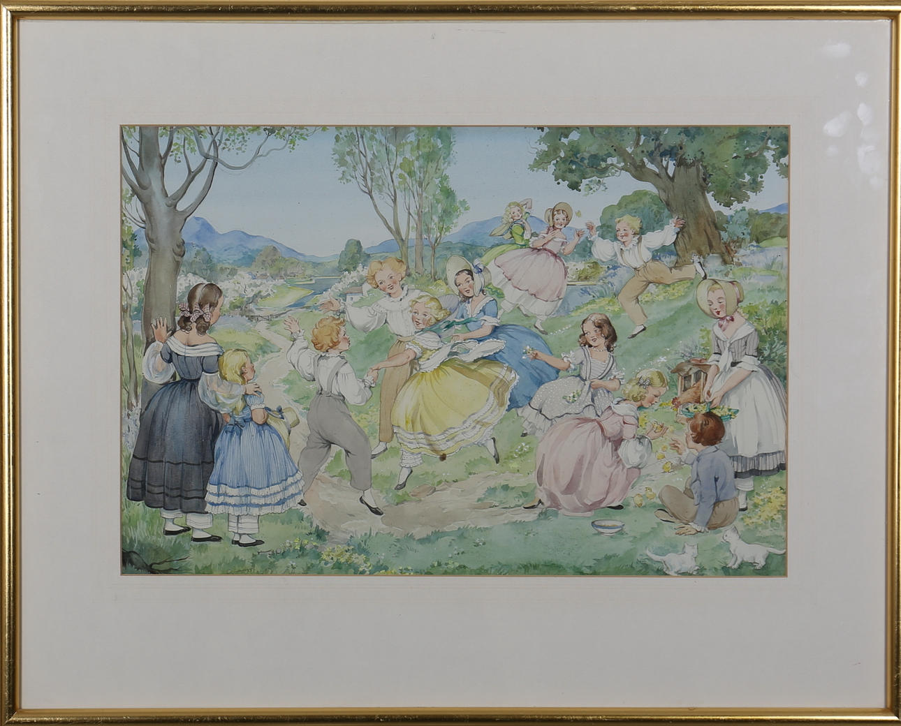 ARNOLD PATIENCE. Sommarlandskap med lekande barn. Akvarell. Signerad.