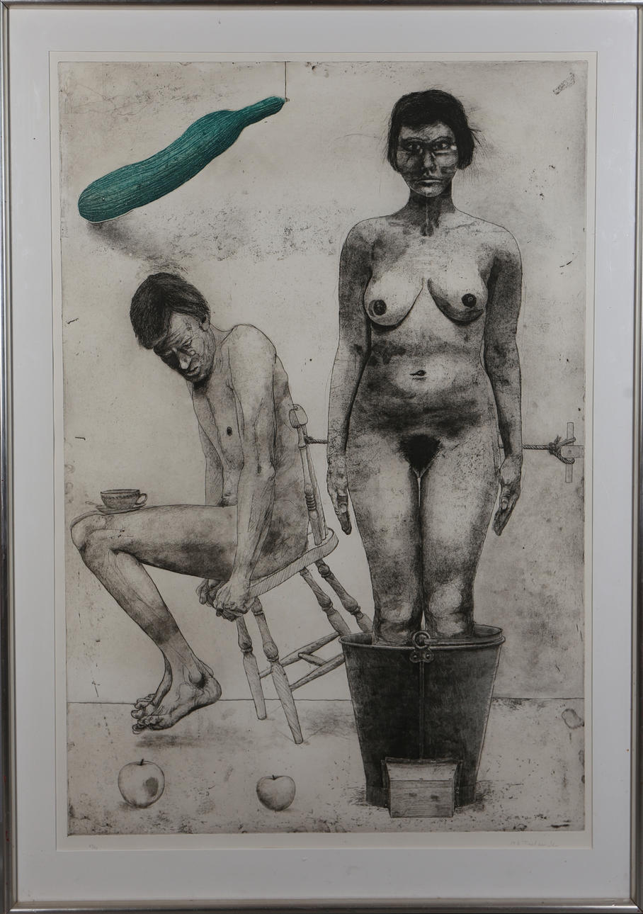 P G THELANDER. Kvinna – Man på stol. Färgetsning. Signerad P G Thelander och numrerad 29/100.