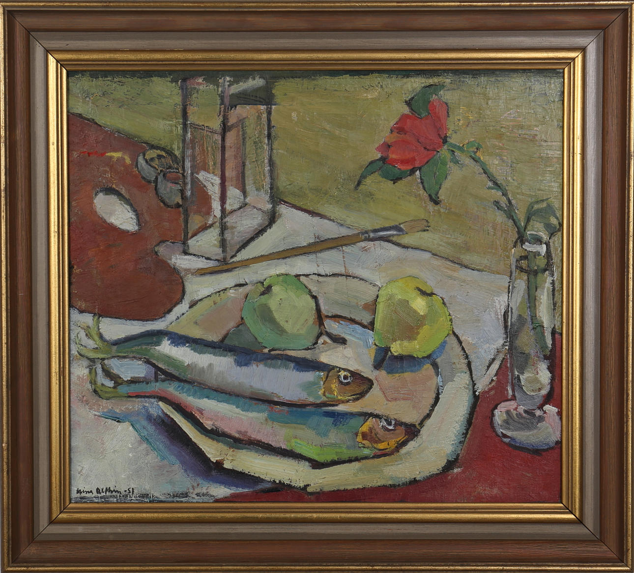 NINA AHLTIN. Stilleben med fiskar. Olja på pannå. Signerad och daterad -58.