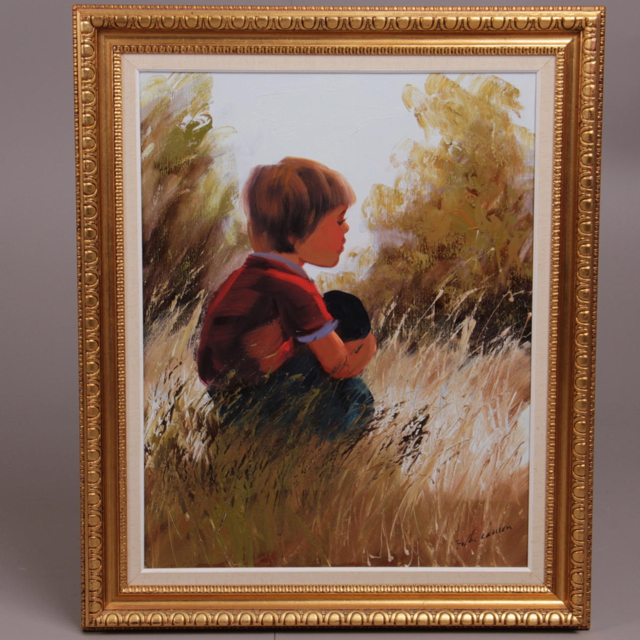 FOLKE LARSSON. olja på duk, pojke i gräs, signerad.