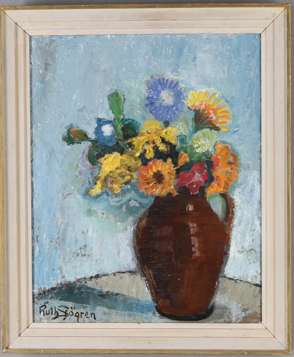 RUTH SJÖGREN. Blomsterstilleben, olja på duk, signerad.