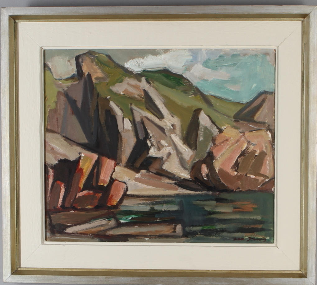 LEO JANIS-BRIEDITIS. Strandparti med klippor, olja på pannå, signerad.