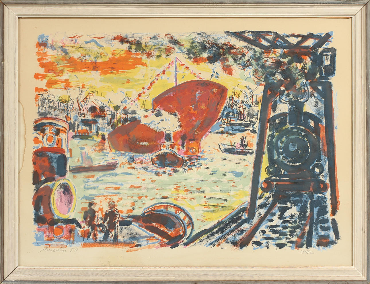 ALBIN AMELIN. Hamnbild, färglitografi, signerad och numrerad 294/360.