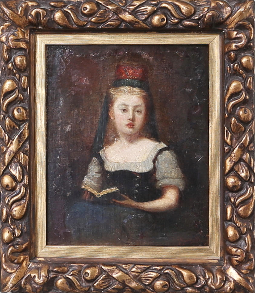OKÄND KONSTNÄR. Porträtt av flicka med bok, olja på pannå, 1800-Tal.