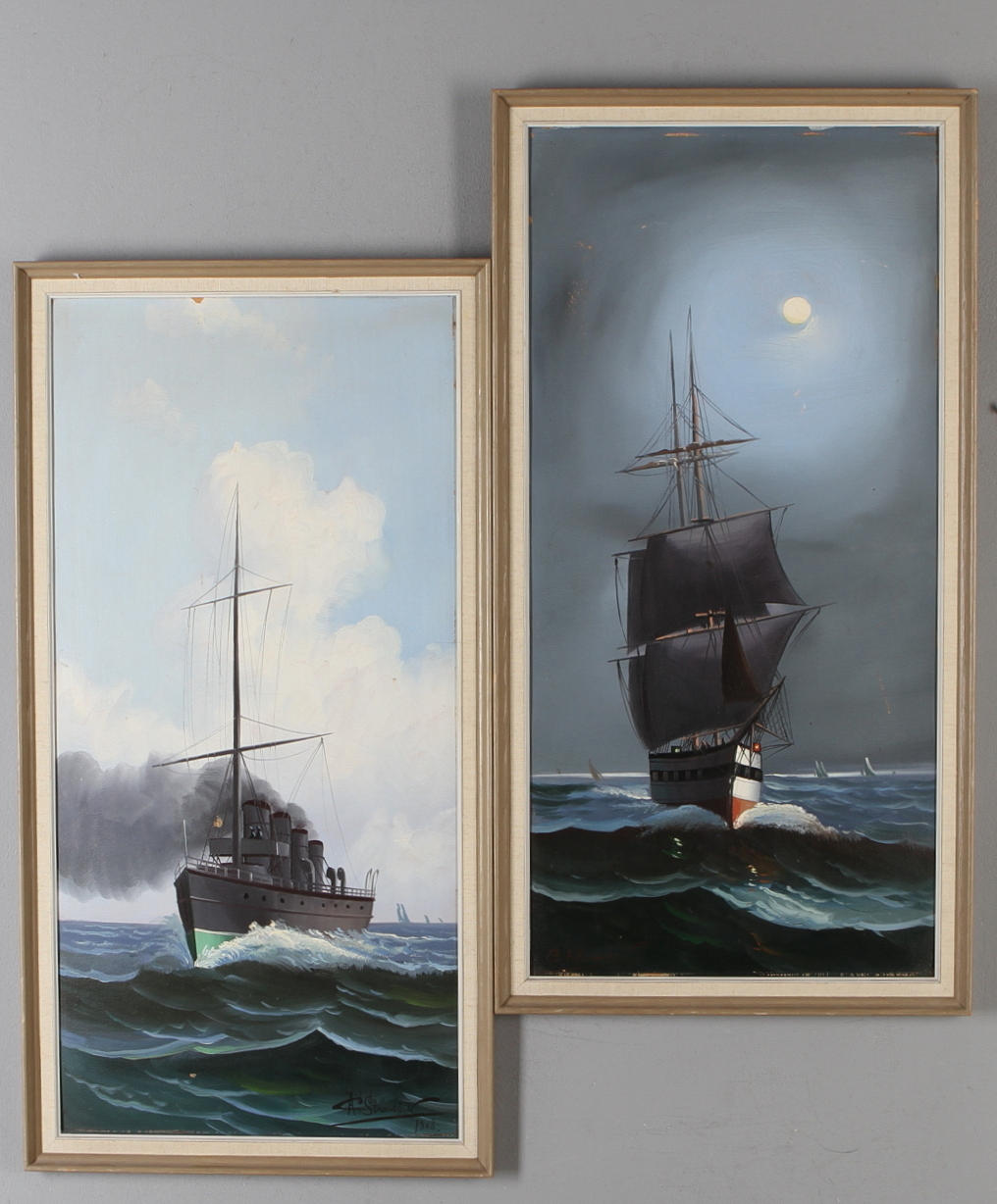 OIDENTIFIERAD KONSTNÄR. 2 st. Marint motiv, olja på pannå, signerad C A Strömbäck.