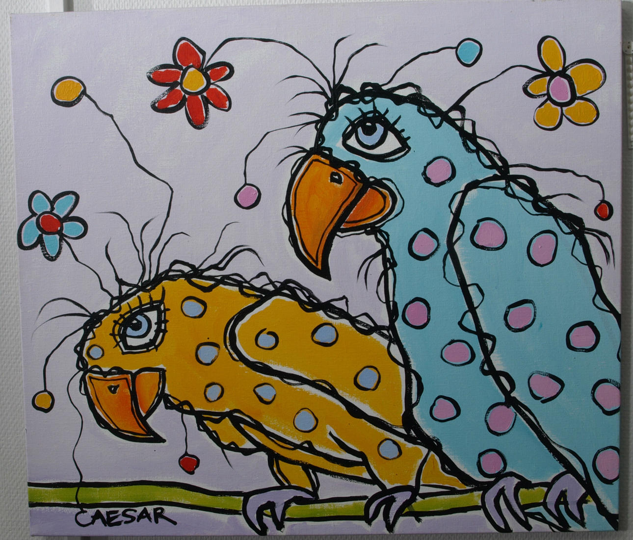 CAMILLA CAESAR. Olja på duk, Birds in love, signerad Caesar.