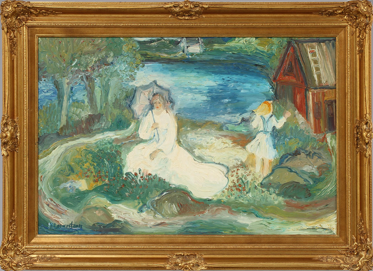 MONICA LORENTZON. Figurscen, olja på duk, signerad.