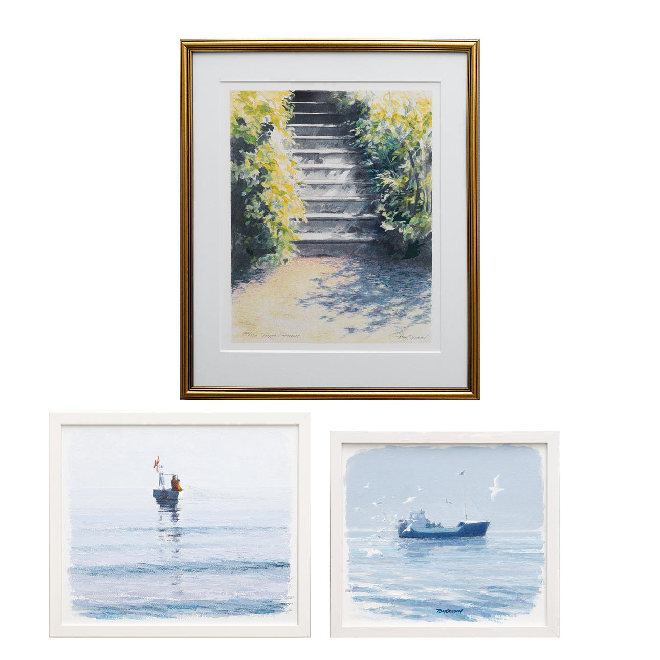 TOM OLSSON. MÅLNINGAR, TVÅ STYCKEN SAMT LITOGRAFI.