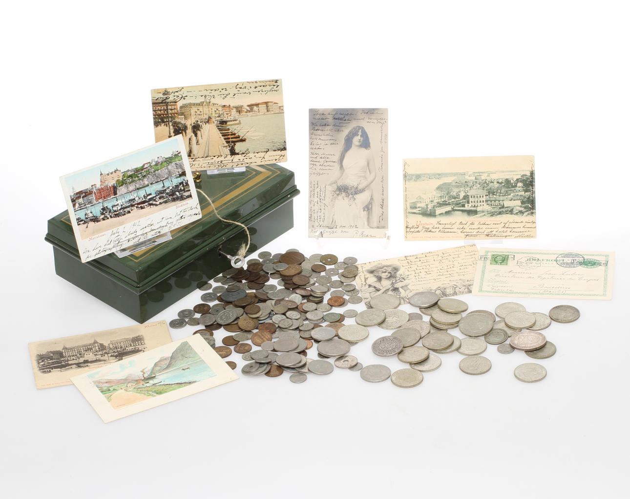 PARTI MYNT samt BREFKORT, delvis silver, 1900-tal.