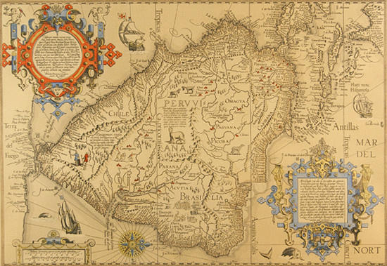 GRAFISK, Linschotens karta över Sydamerika.