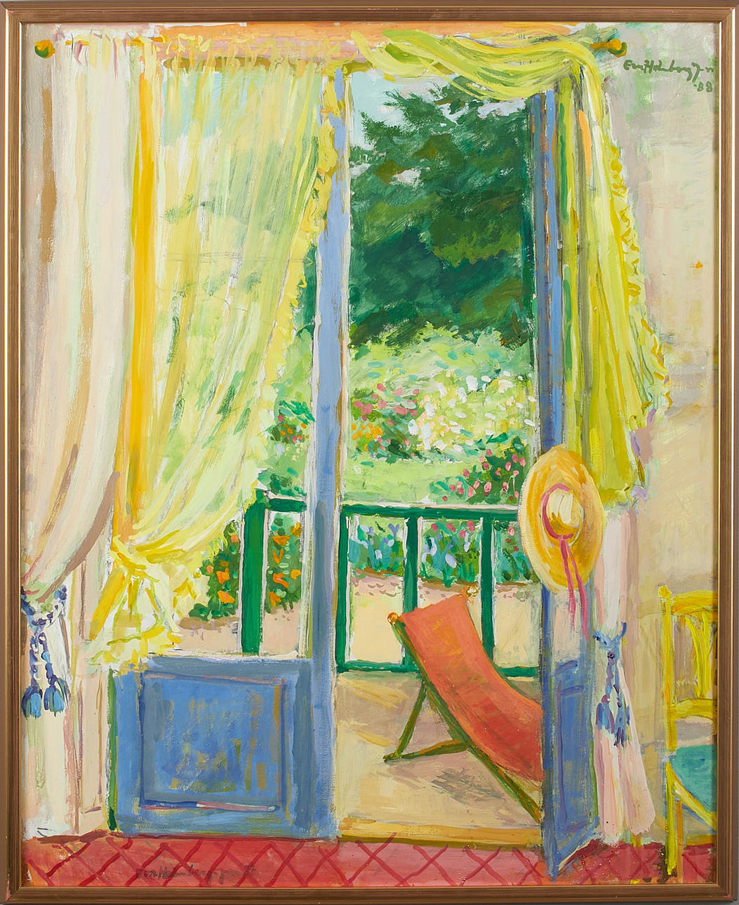 EVA HOLMBERG-JACOBSSON. Gouache, utsikt genom terassdörr.