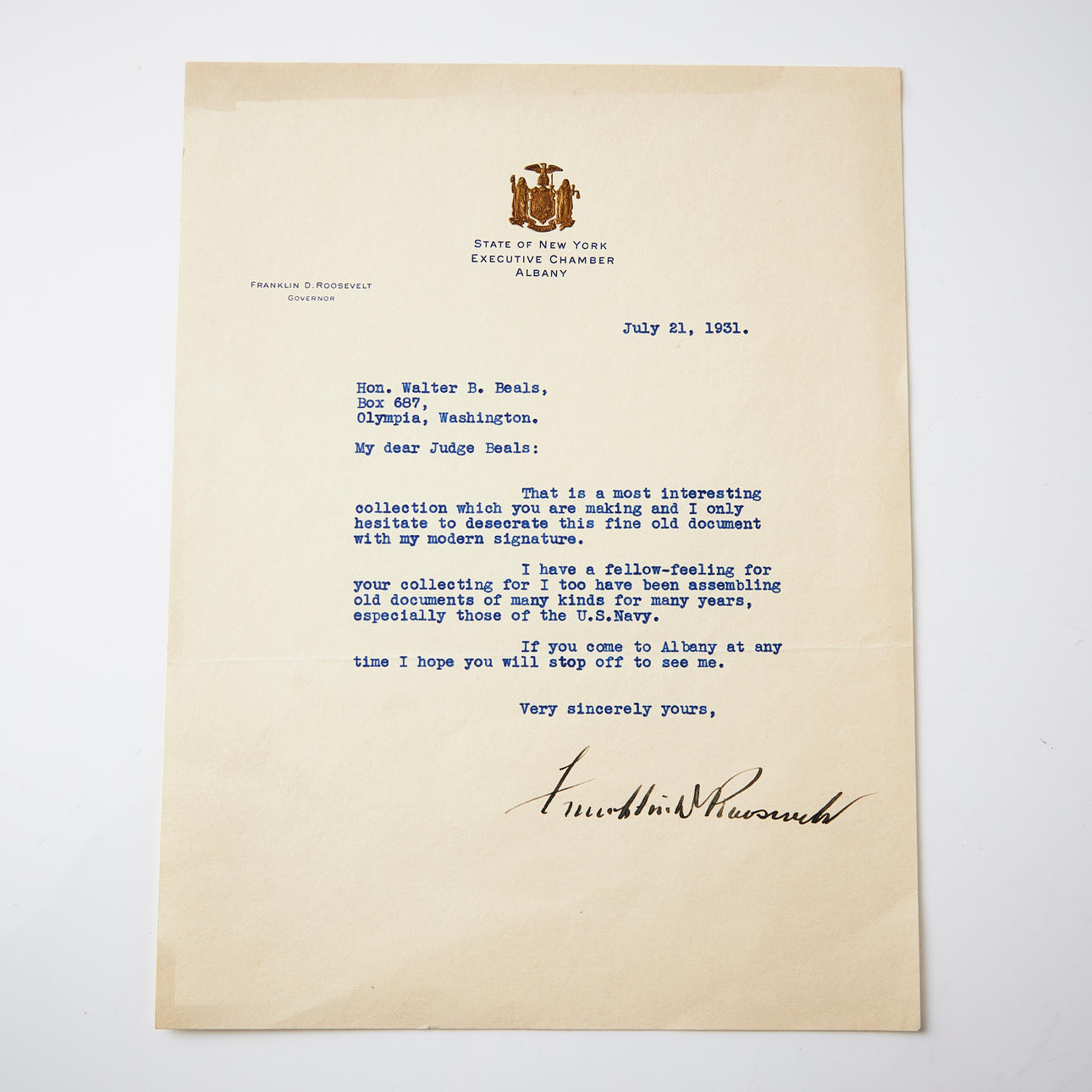 Brief von Franklin D. Roosevelt an Walter B. Beals.