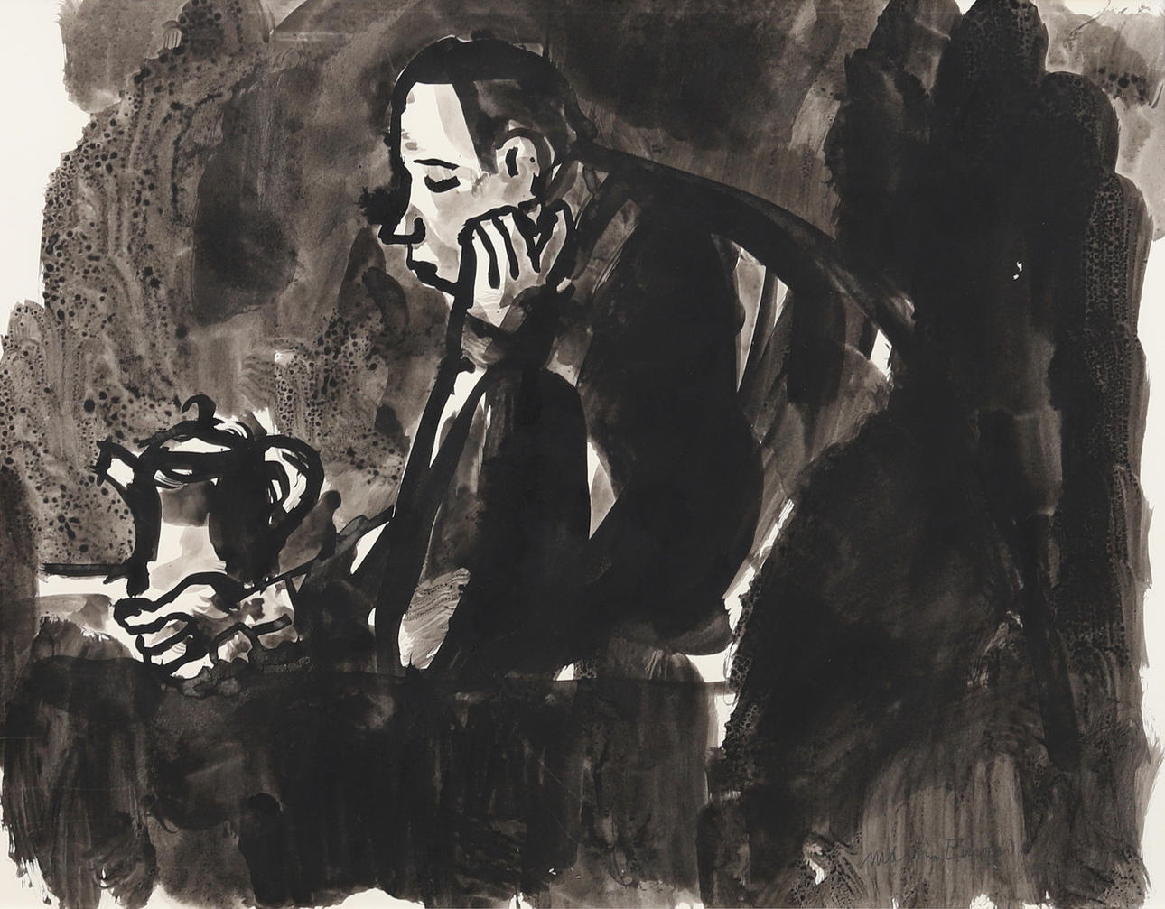 MARTIN EMOND. "By the Coffee", watercolour, signed.