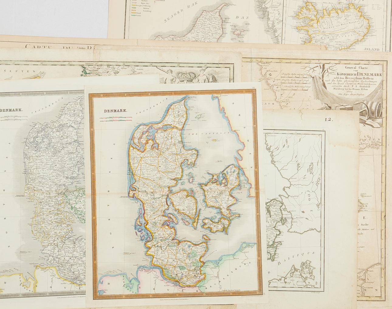 Danmarkskort, 1700-1800-tallet, 12 stk.