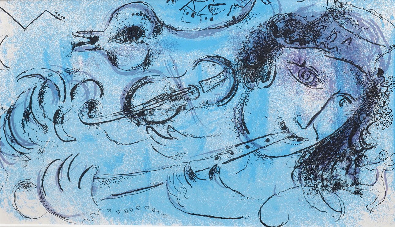 MARC CHAGALL. "Le joueur de flute" 1957, lithograph.