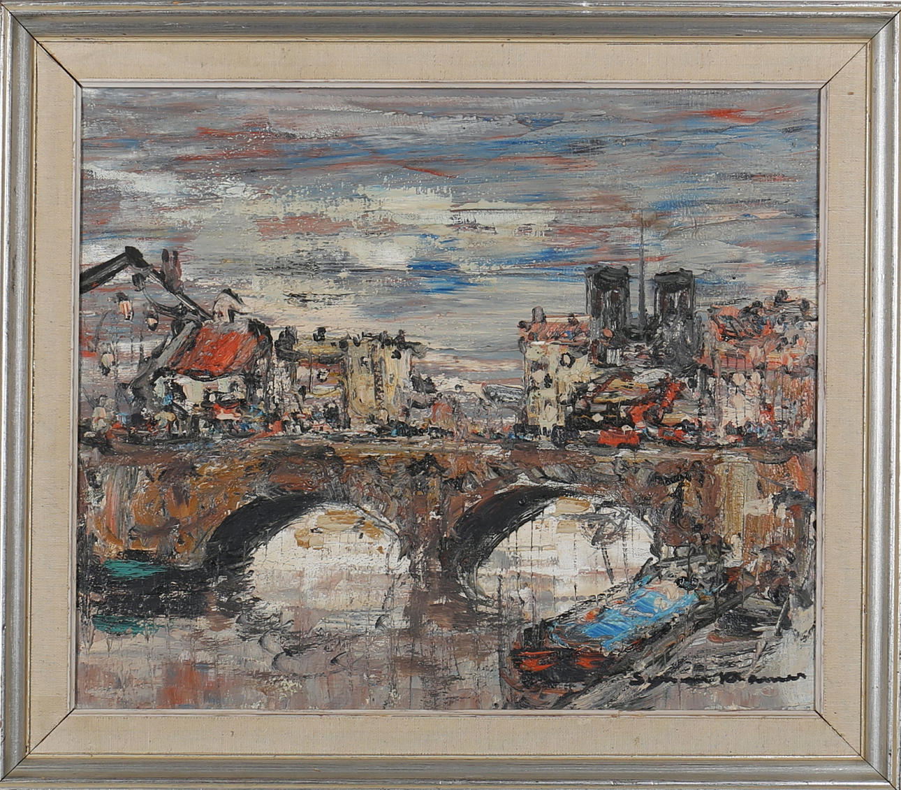 OKÄND KONSTNÄR. Olja på duk. Stadsbild. Signerad.