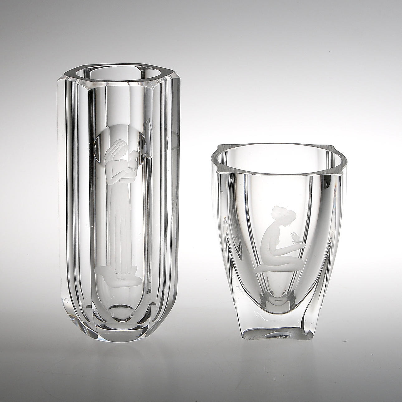 VASER, 2 st, kristall, art deco, Inga Hallenborg, Boda samt Skruf.